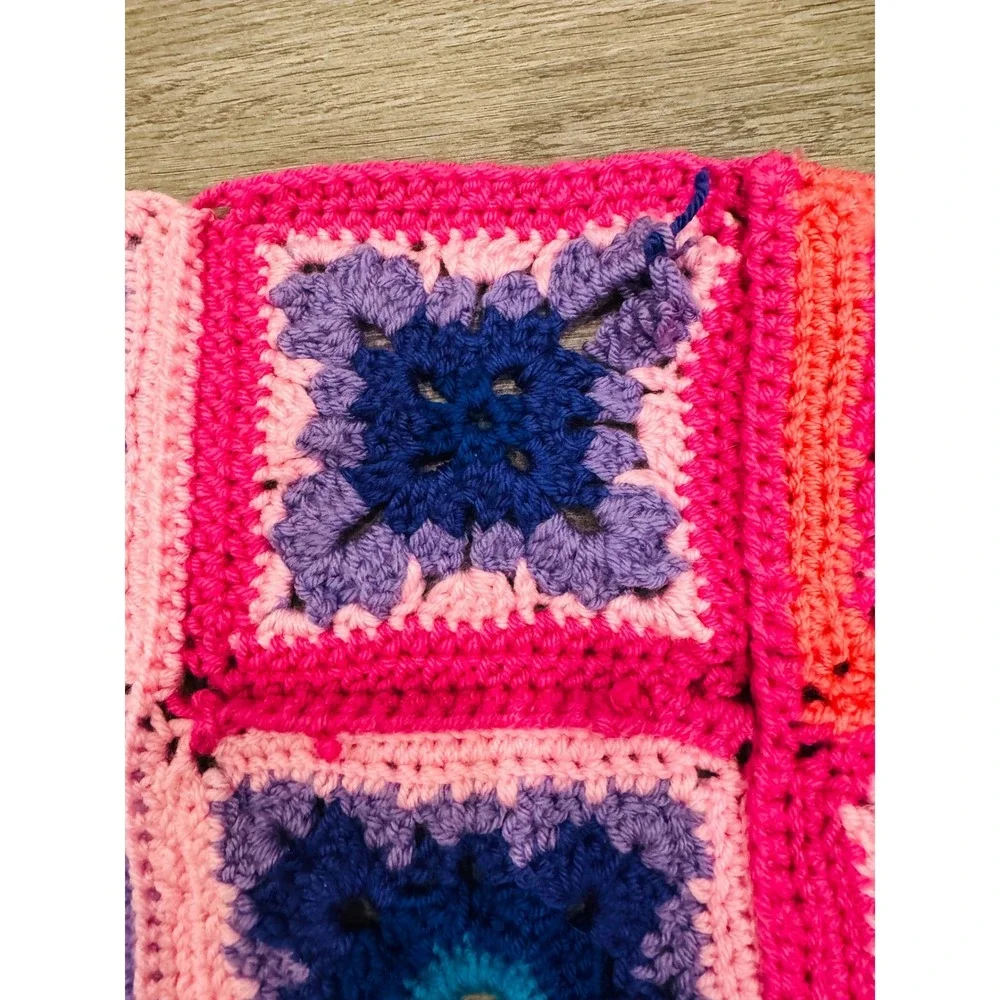 Handmade Crochet Granny Square Throw Blanket Rainbow Ombre Afghan 48x52 Boho